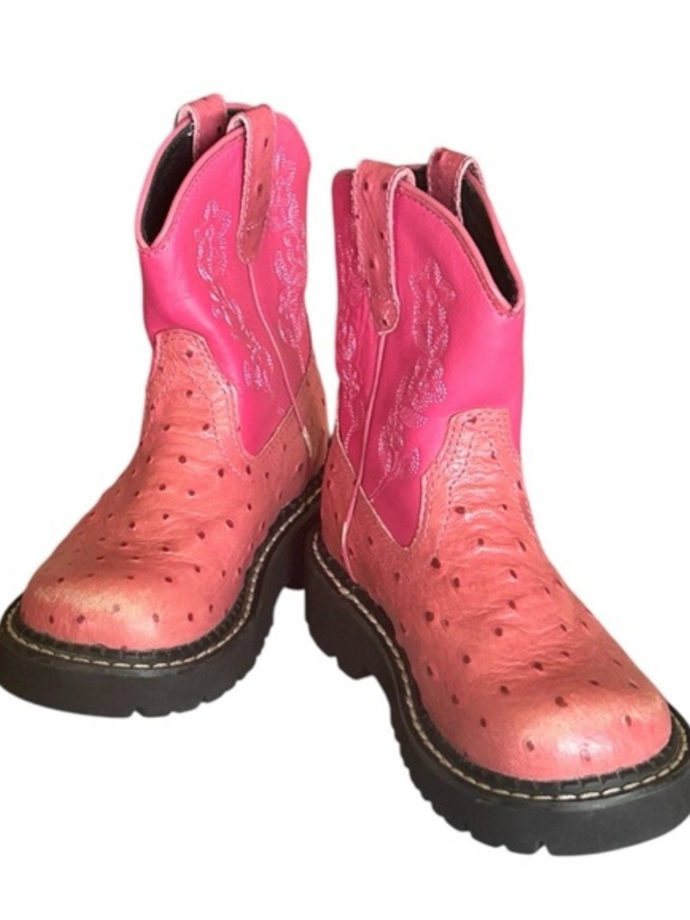 Justin Roper Kids Pink Leather Ostrich Chunky Boots Size 7‎